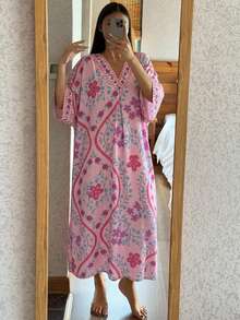 DAZY Floral Retro Print V-Neck Loose Long Dress, Women Summer Sleepwear Pajamas - Pink - View 6