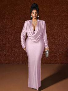 Maweii Plus Size Deep V-Neck Ruched Party Dress Fall - Mauve Purple - View 1