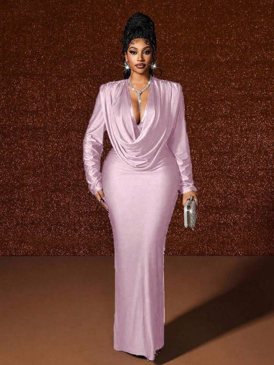Maweii Plus Size Deep V-Neck Ruched Party Dress Fall - Mauve Purple - View 1