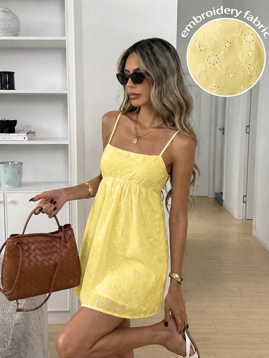 Easowa Đầm chữ A xếp ly cổ vuông eo cao, không tay, chất liệu vải thêu rỗng, màu trắng, kiểu dáng thanh lịch, thích hợp cho công sở, đi nghỉ mát, mùa xuân/hè. - Màu vàng - Xem 1
