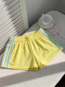 Comfortcana Women's Summer Casual Sports Everyday Commute Waffle Fabric Yellow Contrast Blue Stripe Side Loose Shorts - Yellow - View 4