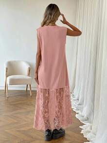 SHEIN LUNE Women's Casual Solid Color Lace Patchwork Sleeveless Long Dress, Basic Outfit For Spring/Summer Daily Wear Date, Commuting And Outings Dusty Pink - Dusty Pink - View 2
