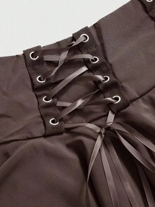 ROMWE Goth Chân váy kiểu Bohemian màu xanh lá cây, vạt bất đối xứng, có lỗ xỏ dây và nơ thắt, dành cho nữ. - màu nâu - Xem 3
