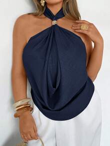 Auralis Neue Metallhaken Deko Eleganter locker fallender Kragen Große Größen Damen Top / Elegantes lässiges fließendes Strandurlaubs Top in Große Größen / Weiche, leichte leinenähnliche Textur Stoff - marineblau - Übersicht 8