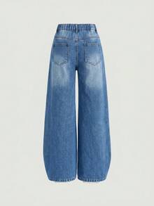 SHEIN Girlism 青少年女孩 Y2K 復古水洗高腰貓鬚水洗寬鬆寬腿牛仔褲，秋冬返校街頭風 - 中等水洗藍 - 查看 2