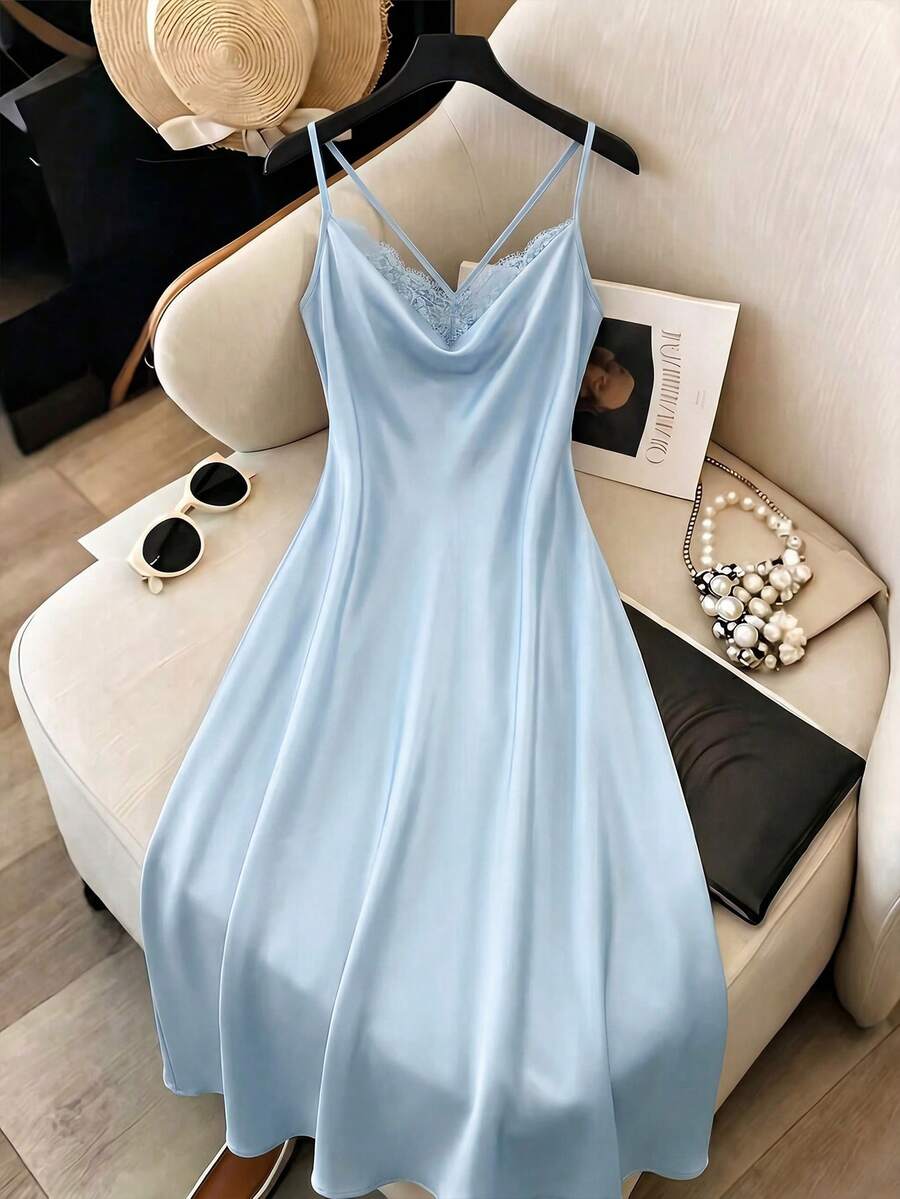 GlowEve CURVE Plus Size Elegant Contrast Lace Spaghetti Strap Dress, Summer - Baby Blue - View 1