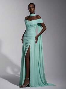 Elitara Elegant Minimalist Asymmetric Shoulder Ruched Split A-Line High Slit Dress,Suitable For Weddings,Formal Events,Galas,Evening Parties - Mint Blue - View 5