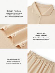LUVLETTE Men's Linen Summer Minimalist Cozy Beige Pajama Set Short-Sleeve Button Top & Shorts Sleek Comfortable Lounge Wear - Khaki - View 4