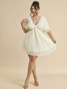 SHEIN BAE Vestido de mujer talla grande con cuello en V, mangas con volantes y dobladillo corto acampanado - Multicolor - Ver 5