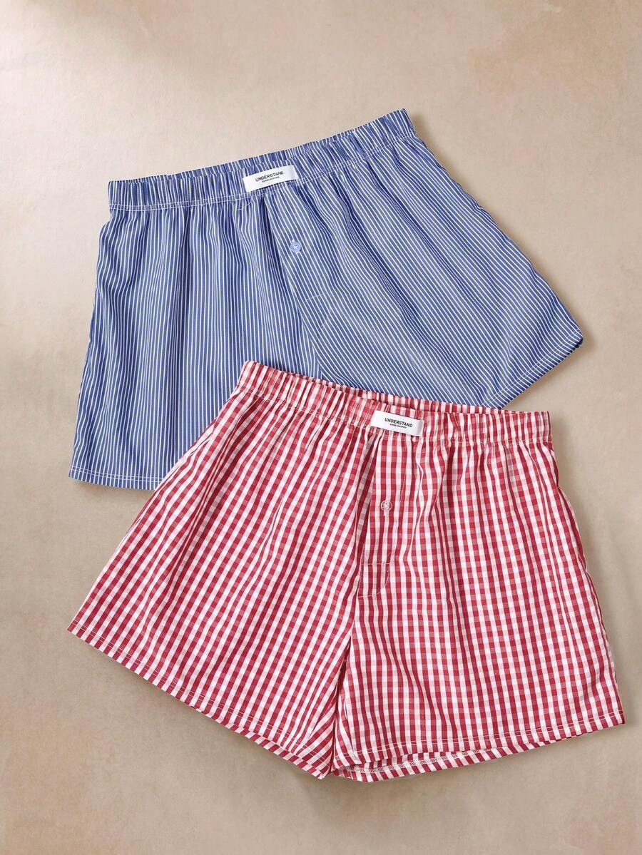 EverLounge 2pcs/Set Multicolor Loose Boxer Briefs, Striped Button Design Casual Underwear, Comfortable Relaxed Fit Boxer Shorts For Sports, Home, Beach - Multicolor - View 1