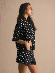 MUSERA 波点牛仔超大款套装上衣，春夏舒适可爱日常少女风度假阳光社交装 - 黑色 - 查看 3