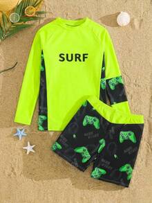 SHEIN Tween Boy Casual Fitted Video Game Glow-In-The-Dark Pattern Tankini 2 Pieces Swimsuit, Suitable For Spring/Summer, Beach Vacation - Multicolor - View 1