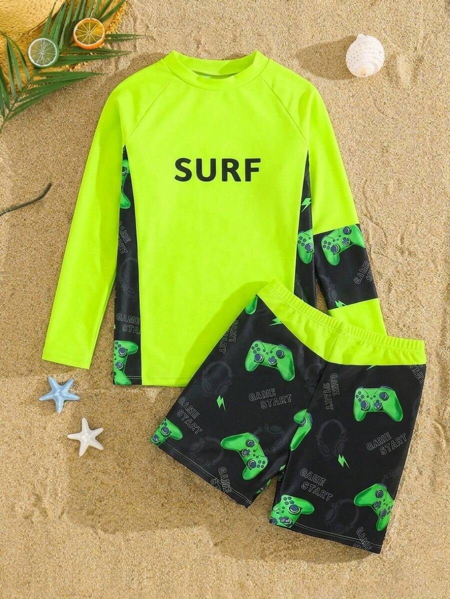 SHEIN Tween Boy Casual Fitted Video Game Glow-In-The-Dark Pattern Tankini 2 Pieces Swimsuit, Suitable For Spring/Summer, Beach Vacation - Multicolor - View 1