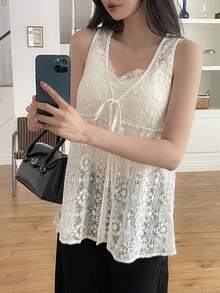 DAZY Áo khoác vest nữ mùa hè dáng rộng, không tay, cổ chữ V, chất liệu ren jacquard, kiểu dáng thường ngày, thích hợp cho kỳ nghỉ. - Màu be - Xem 6