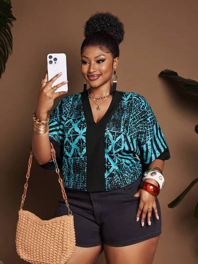 Maweii Plus size retro shirt met groene geometrische print voor dames, zomerse vintage top met korte mouwen en contrasterende kleuren, losvallende cropped blouse