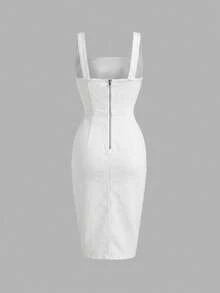 SHEIN MOD Women's Casual Everyday Commute Minimalist Solid Color Back Zipper Fitted Denim Dress, Summer - White - View 2