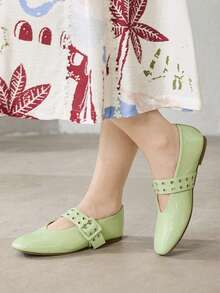 MOTF PREMIUM WOMEN SHOES NEW FRENCH RETRO FASHION LIGHT GREEN PU LEATHER DOUBLE-BREASTED RIVET BUCKLE SQUARE TOE FLAT-SOLED SHOES, COMFORTABLE AND VERSATILE, LIGHTWEIGHT AND NOT TIRED FEET, SIMPLE ATMOSPHERE, CASUAL AND HIGH-END FOREIGN MARY JANE SHOES - Light green - View 8