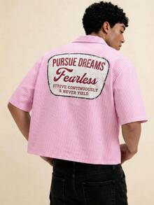 NORVETH Men's Striped Print Button-Front Casual Short Sleeve Shirt - Pink - View 8