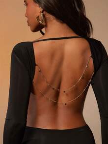 Hauture Women's Sexy Deep Neck Backless Long Sleeve Maxi Dress With Gold Sequin Chain Decor - Black - View 3