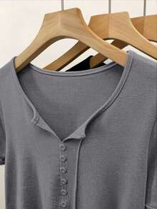 INAWLY Plus Size Women Summer Casual Retro Minimalist Romantic Button Decor Short Sleeve T-Shirt - Grey - View 3