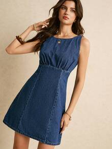 Poéselle Đầm denim không tay thắt eo dành cho nữ, trang phục thường ngày thoải mái cho kỳ nghỉ hè và đi làm. - Xám - Xem 6