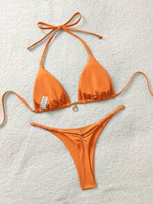 Soleia Women's Solid Color Halter Bikini Set, Summer Beach Vacation - Orange - View 2