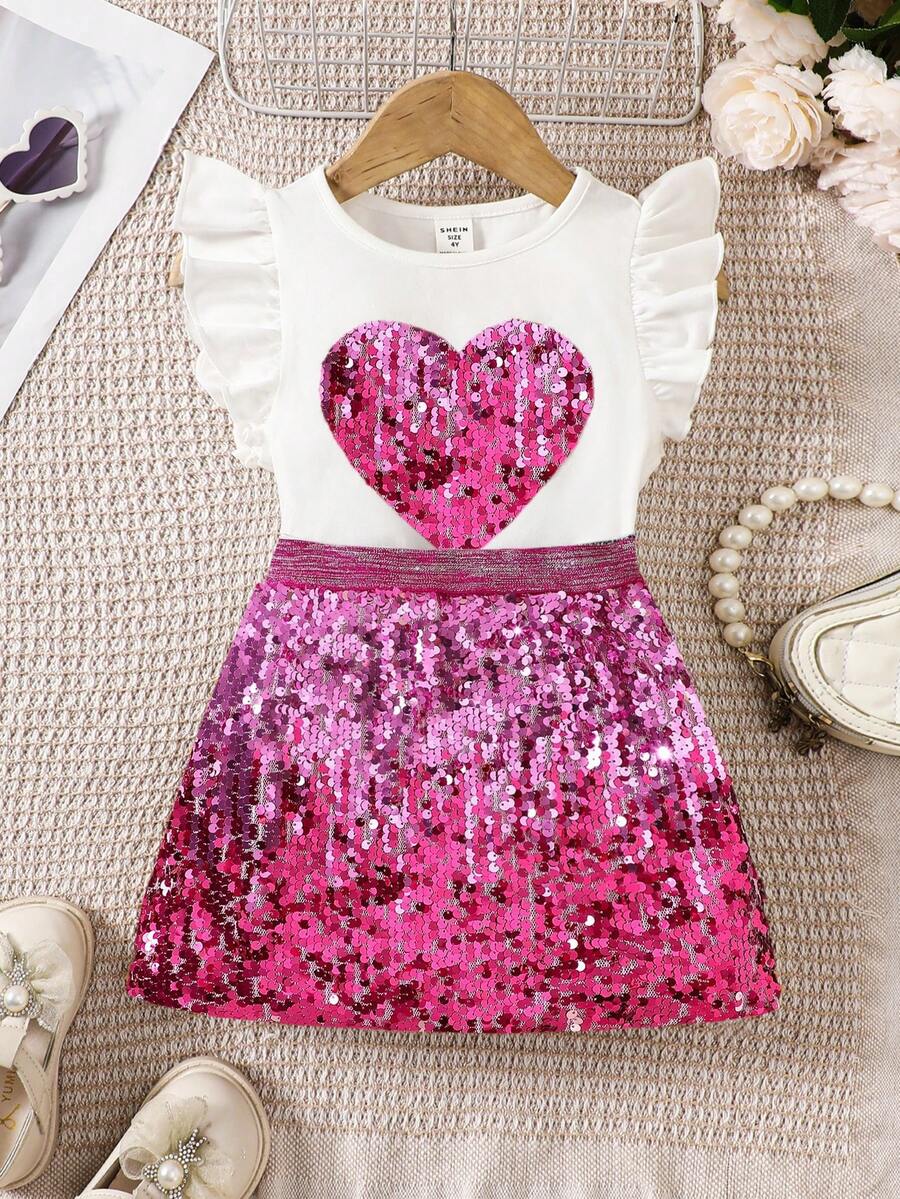 Bộ 2 món: Áo thun đan cho bé gái có in họa tiết sequin và váy - Hồng - Xem 1