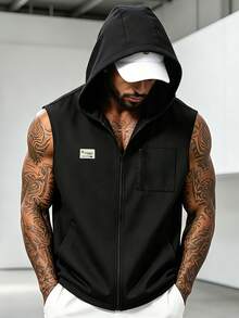 Manfinity Homme 男士字母印花口袋拉链连帽背心，休闲装 - 黑色 - 查看 3