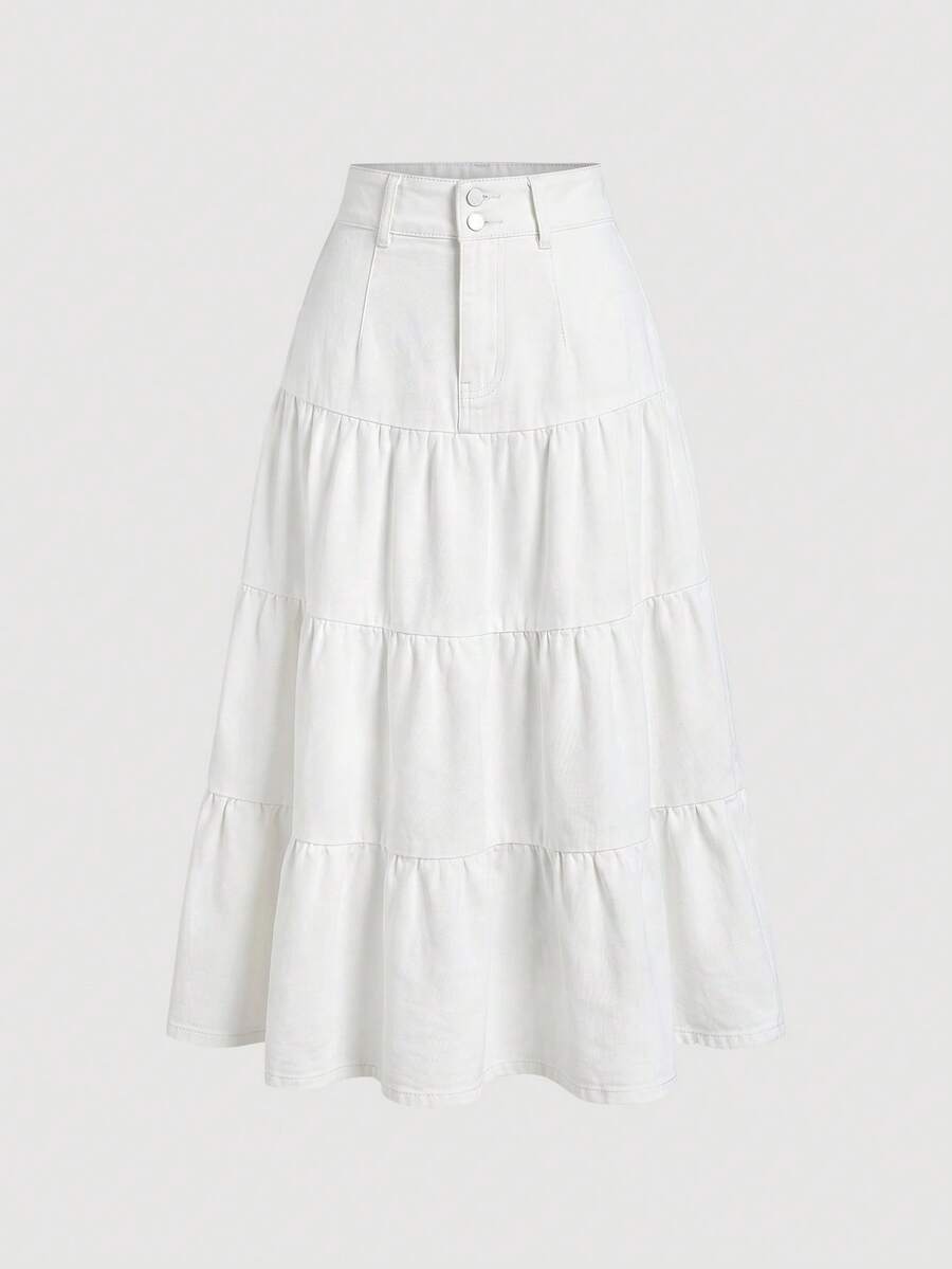 Sweetra Women's Button Zipper Fashion Versatile Ruffle Hem Denim Maxi Skirt - White - View 1