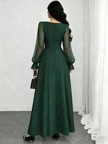 Modelyn 蝴蝶与豹纹印花优雅绿色连衣裙，时尚方领灯笼袖设计，收腰长裙，适合夏季度假和日常穿着。 - 彩色 - 查看 2