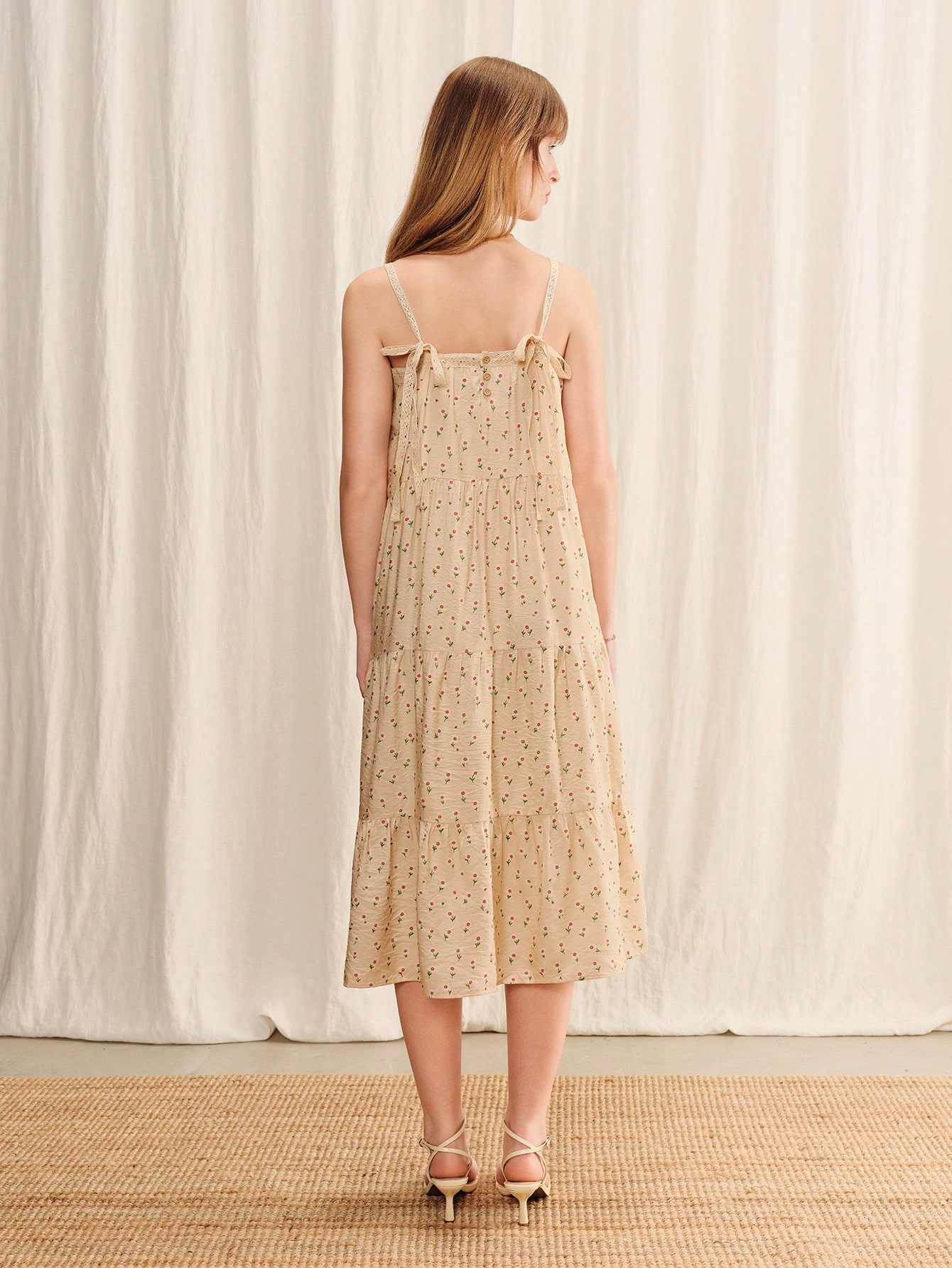 Cream Floral Print Midi Boho Dress Loose Fit Dress Spring Summer Casual Dress Holiday Dress Boho Dress French Style Dress
