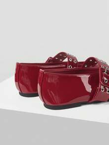 MOTF PREMIUM WOMEN SHOES NEW FRENCH RETRO FASHION RED PU LEATHER DOUBLE-BREASTED RIVET BUCKLE SQUARE TOE FLAT-SOLED SHOES, COMFORTABLE AND VERSATILE, LIGHT AND NOT TIRED FEET, SIMPLE ATMOSPHERE, CASUAL AND HIGH-END FOREIGN MARY JANE SHOES - Bordeaux - View 7