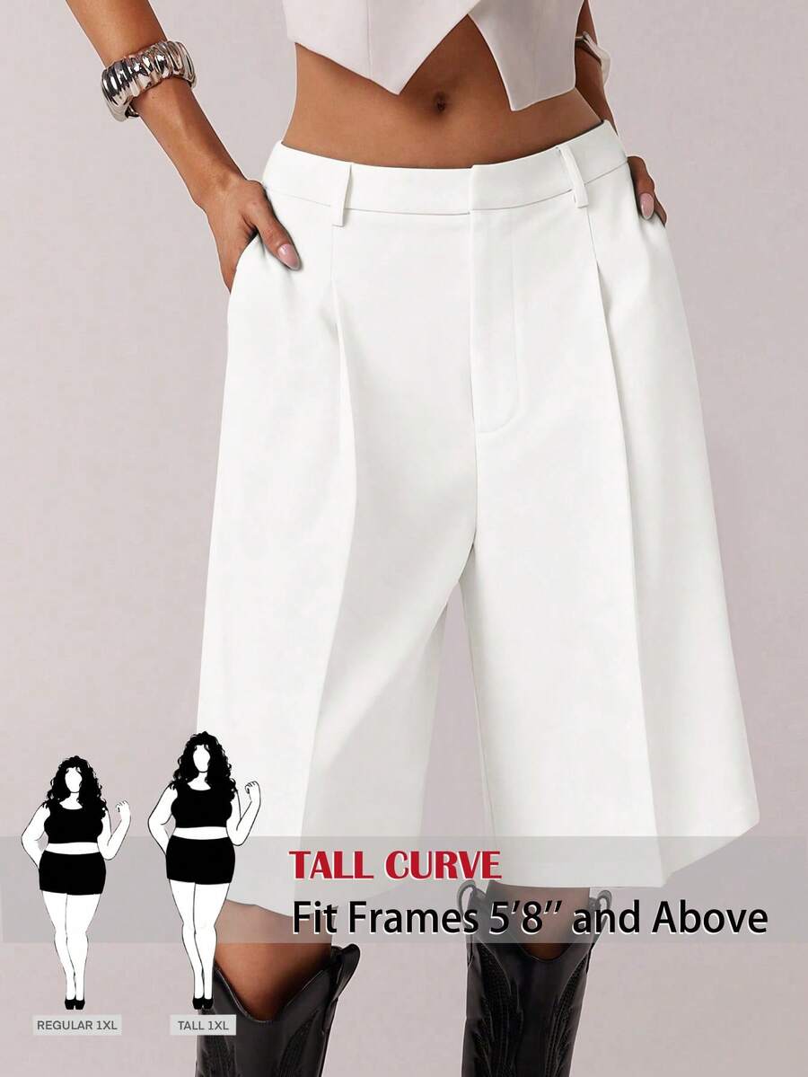 SHEIN Tall CURVE Plus Size Women's Solid Color Pleated Zip Pocket Casual Bermuda Shorts - White - View 1