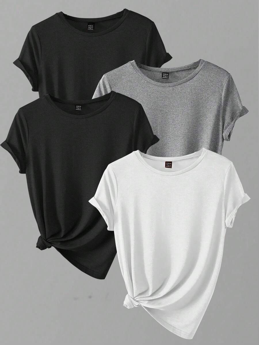 Airaco 4pcs Solid Color Women Short Sleeve T-Shirt Set - Multicolor - View 1