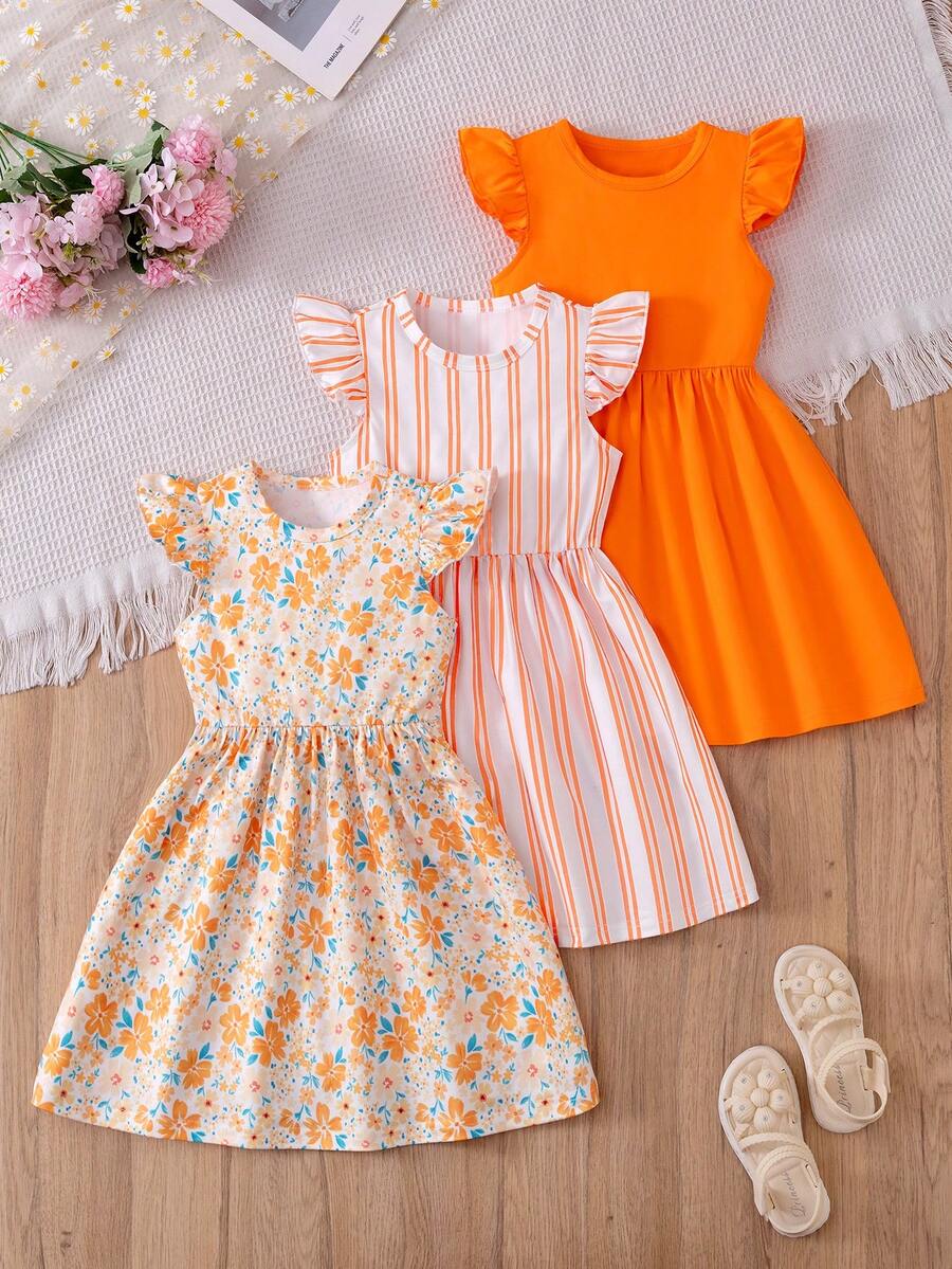 Elladie kids 3pcs/Set Gaun Lengan Pendek Motif Bunga Kotak-kotak Kartun untuk Anak Perempuan Balita, Musim Panas