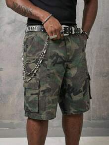 RHETRK Men Plus Size Casual Street Style Multi-Pocket Distressed Camouflage Wide Leg Denim Shorts - Army Green - View 5