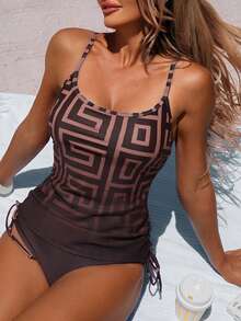 Swim Lushoire Bộ đồ bơi tankini mùa hè dành cho nữ, họa tiết hoa, thiết kế dây rút. - màu nâu - Xem 1