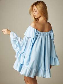 MISSGUIDED Đầm ngắn trễ vai bằng vải chiffon màu xanh nhạt với tay chuông và các lớp xếp tầng bồng bềnh, thích hợp cho mùa xuân hè. - Màu xanh nhạt - Xem 2