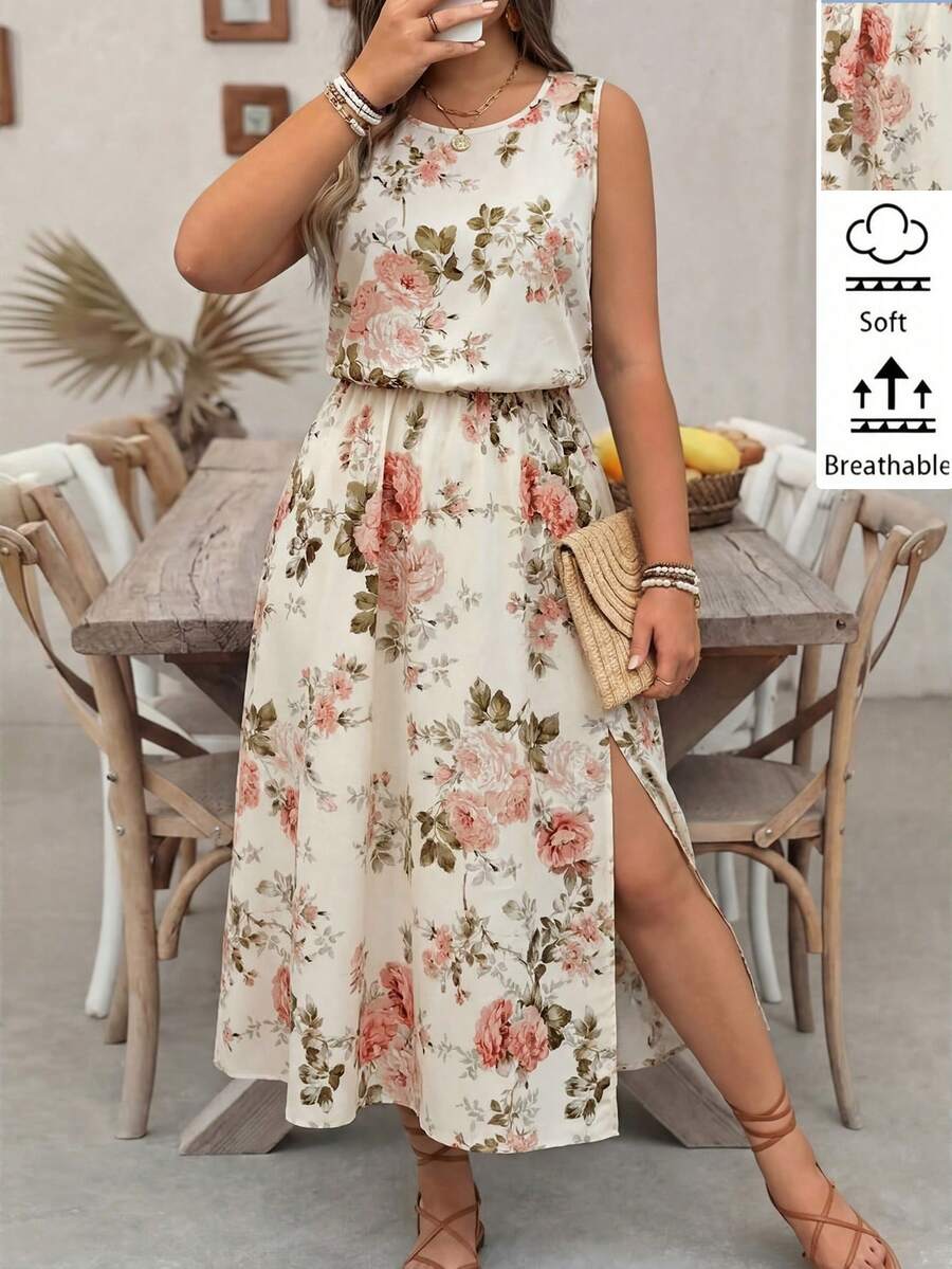 SHEIN LUNE Đầm không tay cỡ lớn, thanh lịch, in họa tiết, tươi mát và ngọt ngào, kiểu dáng nữ tính mùa hè. - Màu be - Xem 1