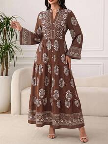 Plus Size Cream Flower Embroidered Striped Pattern Women's Dress All-Over Floral Print Striped Bohemian Embroidered Belt Ruffles - Brown - View 5