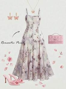SHEIN MOD Plus Size Women's Mesh Patchwork Flared Dress, Butterfly Print, Spaghetti Strap Sundress - Rusty Rose - View 7