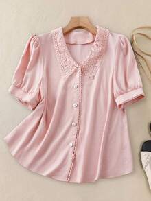 SHEIN CURVE+ Plus Size Summer Casual Solid Color Lace Patchwork Front Button Short Sleeve Shirt - Pink - View 3