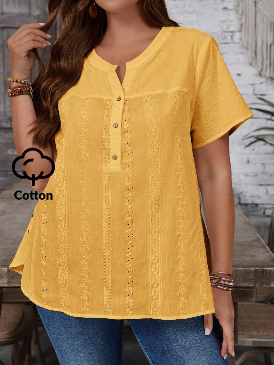 EMERY ROSE Camisa casual de talla grande de unicolor - Amarillo - Ver 1