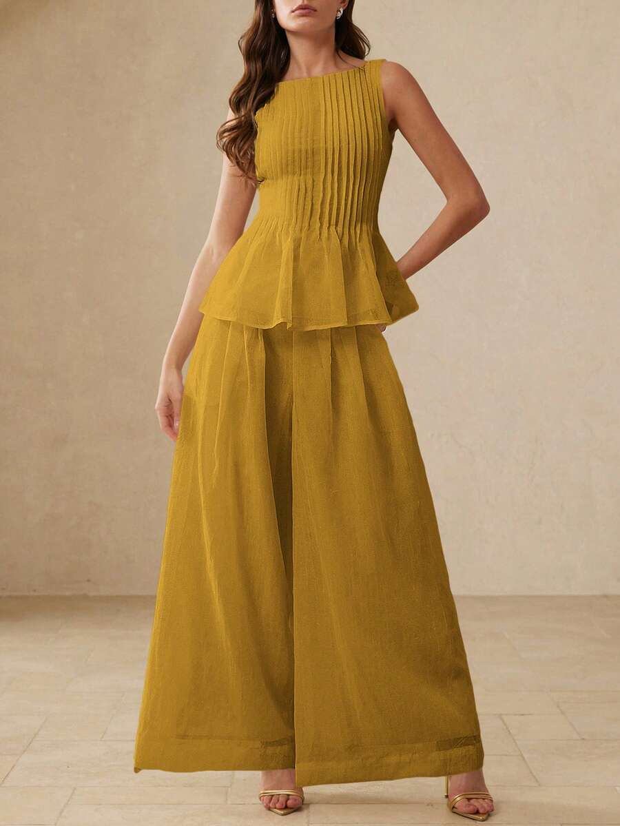 BELROSIE Casual Versatile Fashion Commute Vacation Relaxed Vintage Linen Texture Sleeveless Pleated Hem Top Paired With Loose Wide Leg Pants 2 Pieces Set - Yellow - View 1