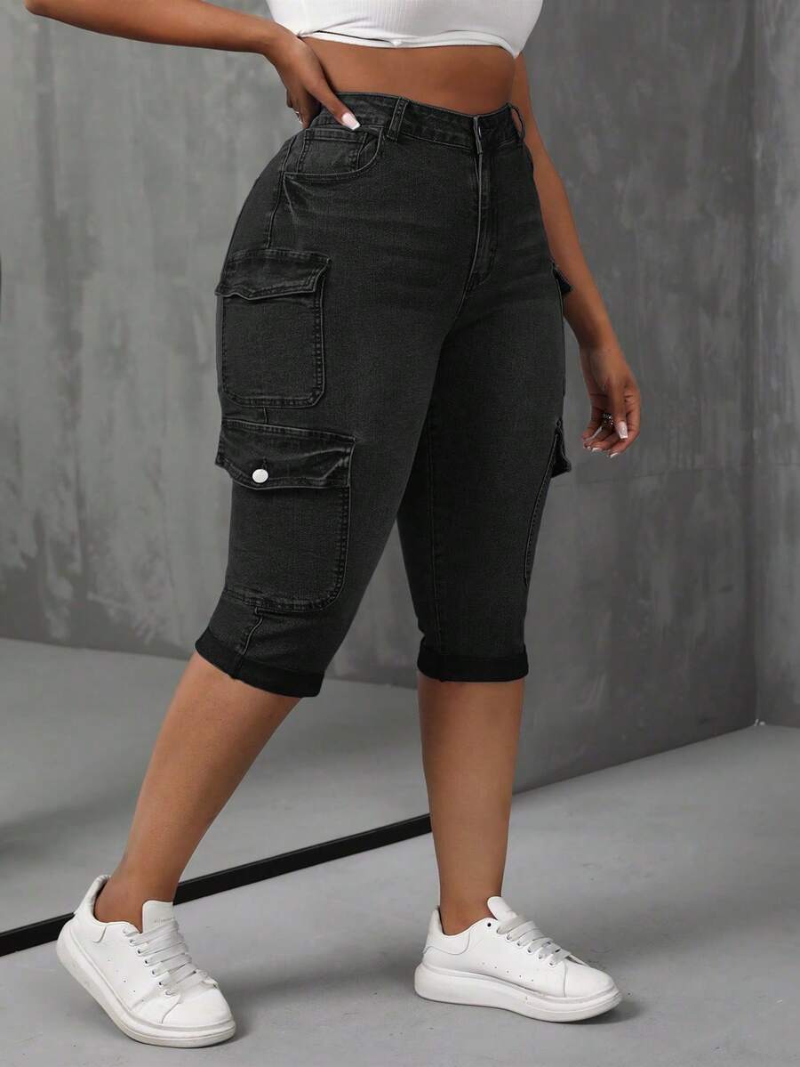 SHEIN SXY Plus Size Women's Fashionable Everyday Commute Versatile Elastic 3/4 Length Cargo Jeans - Dark Grey - View 1