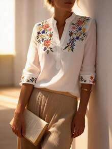 EMERY ROSE Camisa casual de mujer con cuello split y estampado retro - Blanco - Ver 3