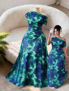 Elenzga Plus Size Women's Vibrant Multi-Color Floral Print Elegant Off-Shoulder Maxi Dress - Green - View 1