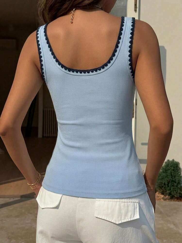 Blue Contrast Trim Casual Fitted Women Tank Top