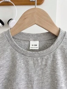 SHEIN Baby Boy Solid Color Basic Minimalist Round Neck Short Sleeve Top - Grey - View 6