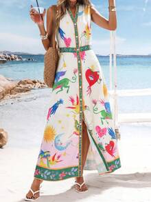 Vivid Eden Đầm đi biển mùa hè dành cho nữ, in hình mặt trời và trăng, kiểu dáng đơn giản, thích hợp cho các bữa tiệc lãng mạn. - màu xanh lá - Xem 4